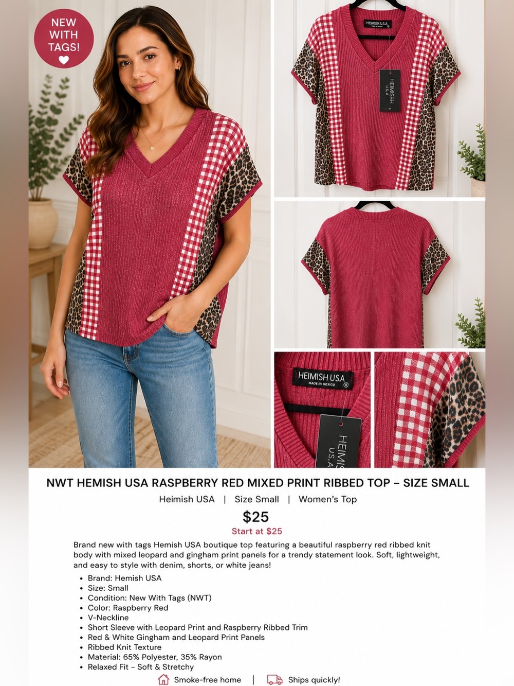 ♥️NWT Hemish USA Raspberry Red Mixed Print Ribbed Top Leopard Gingham Sz Small♥️
